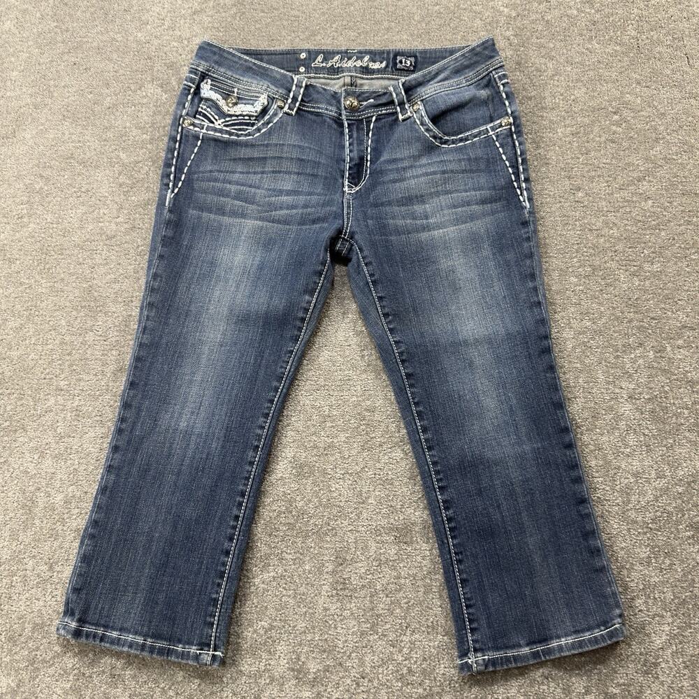 LA Idol USA Jeans 13 Cropped Contrast Stitch Flap‎ Pockets Embroidered Denim Y2K